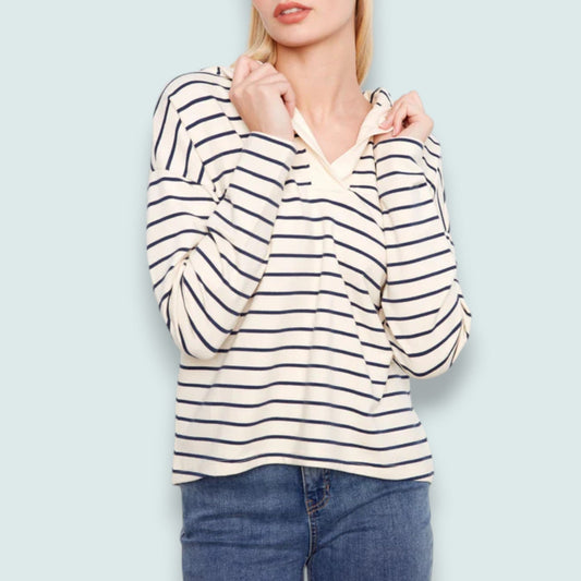 Charlie B - V-Neck Striped Hoodie With High-Low Hem