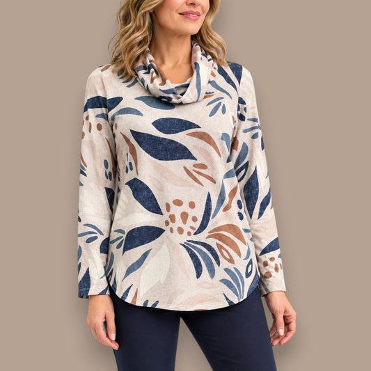 Soft Works - Abstract Botanical Print Cowl Neck Top