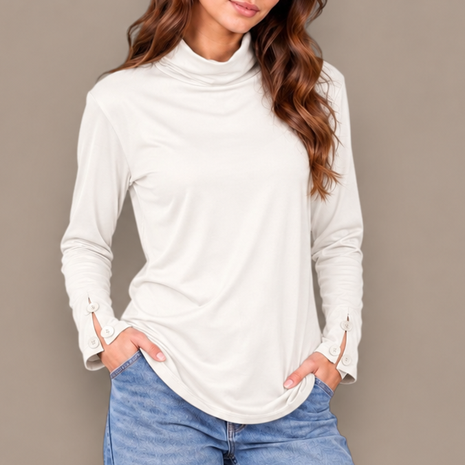 Pure - Button Cuff Cowl Neck Top