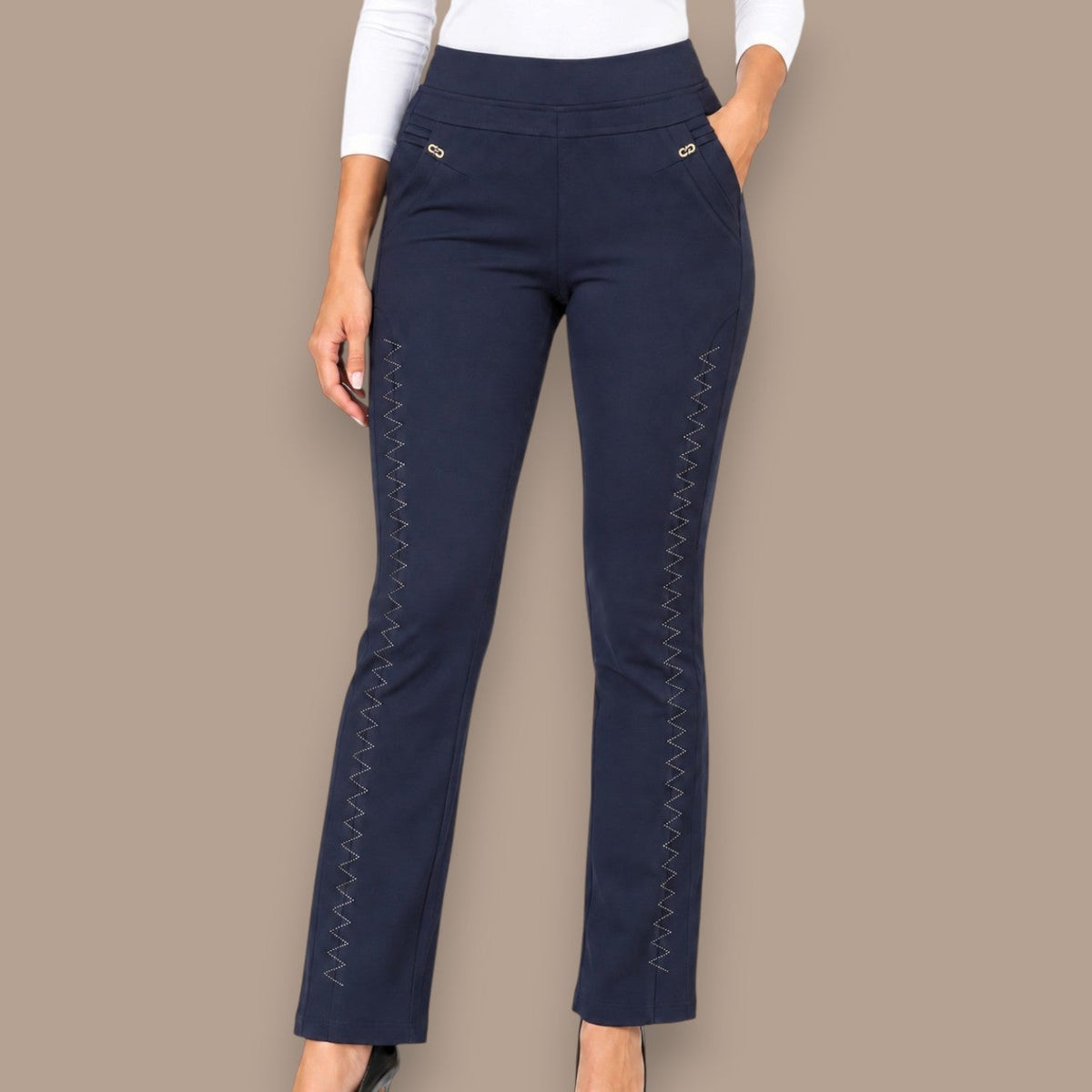 Minkas - Pull-On Pants with Zigzag Embellishments