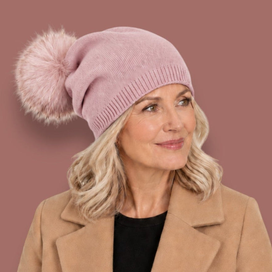 Audrey's - Removable Faux-Fur Pom-Pom Knit Hat