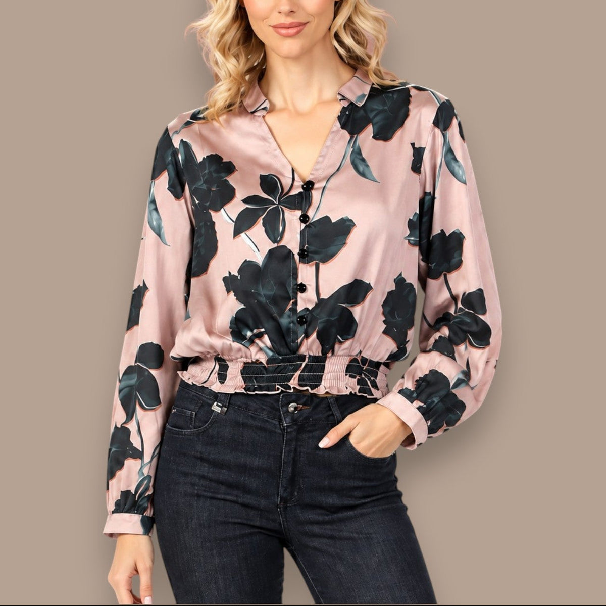 Tango Mango - Floral Satin-Look Smocked Waist Blouse