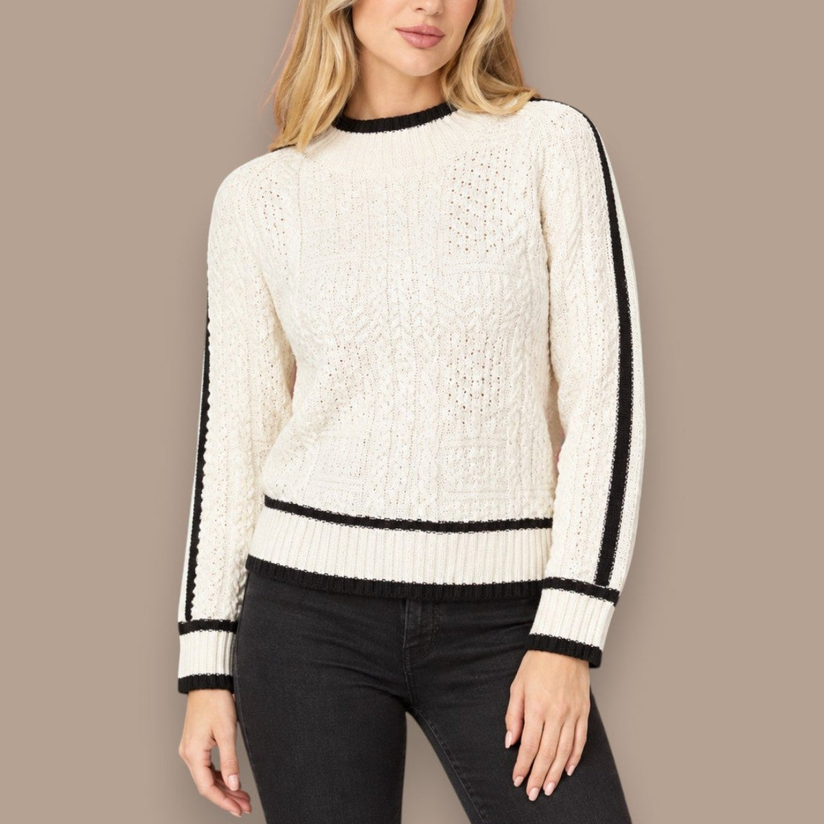 Minkas - Cream Cable Knit Sweater With Black Contrast Trim