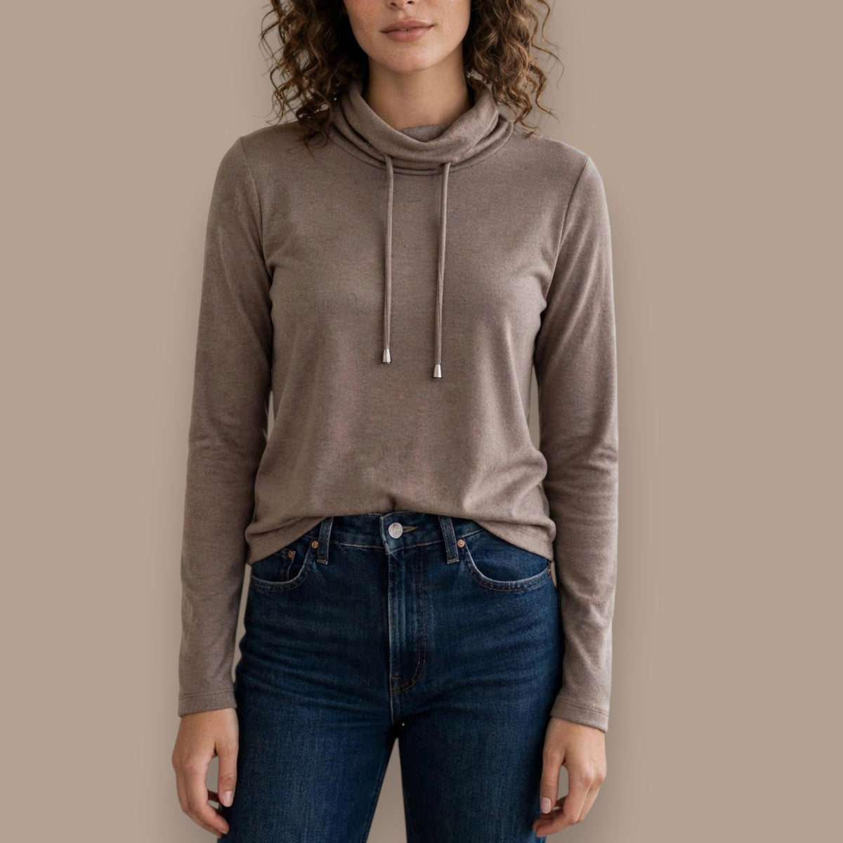 Pure - Soft Cowl Neck Drawstring Top