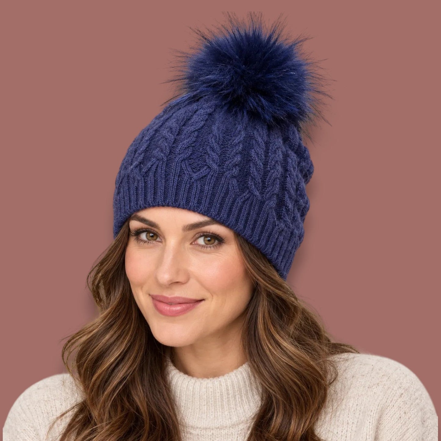 Audrey's - Cable-Knit Hat With Removable Pom-Pom