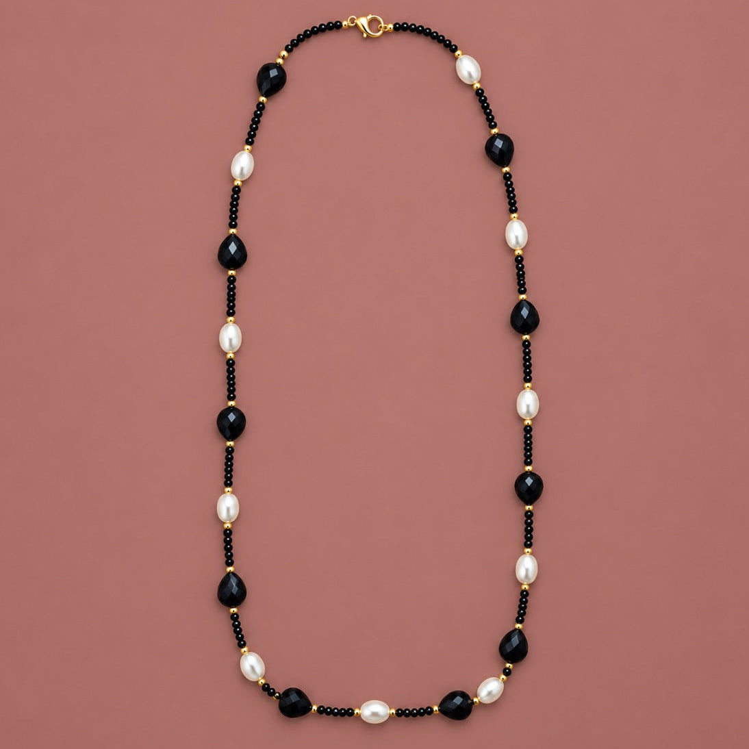 Red Coral - Black And Pearl Strand Necklace