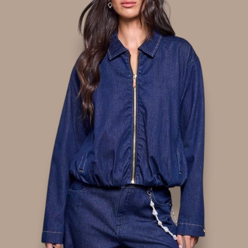 Tribal - Bubble Hem Zip-Front Denim Jacket