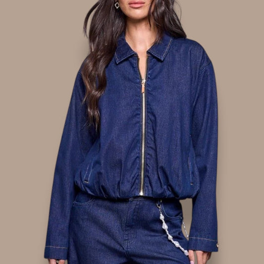 Tribal - Bubble Hem Zip-Front Denim Jacket