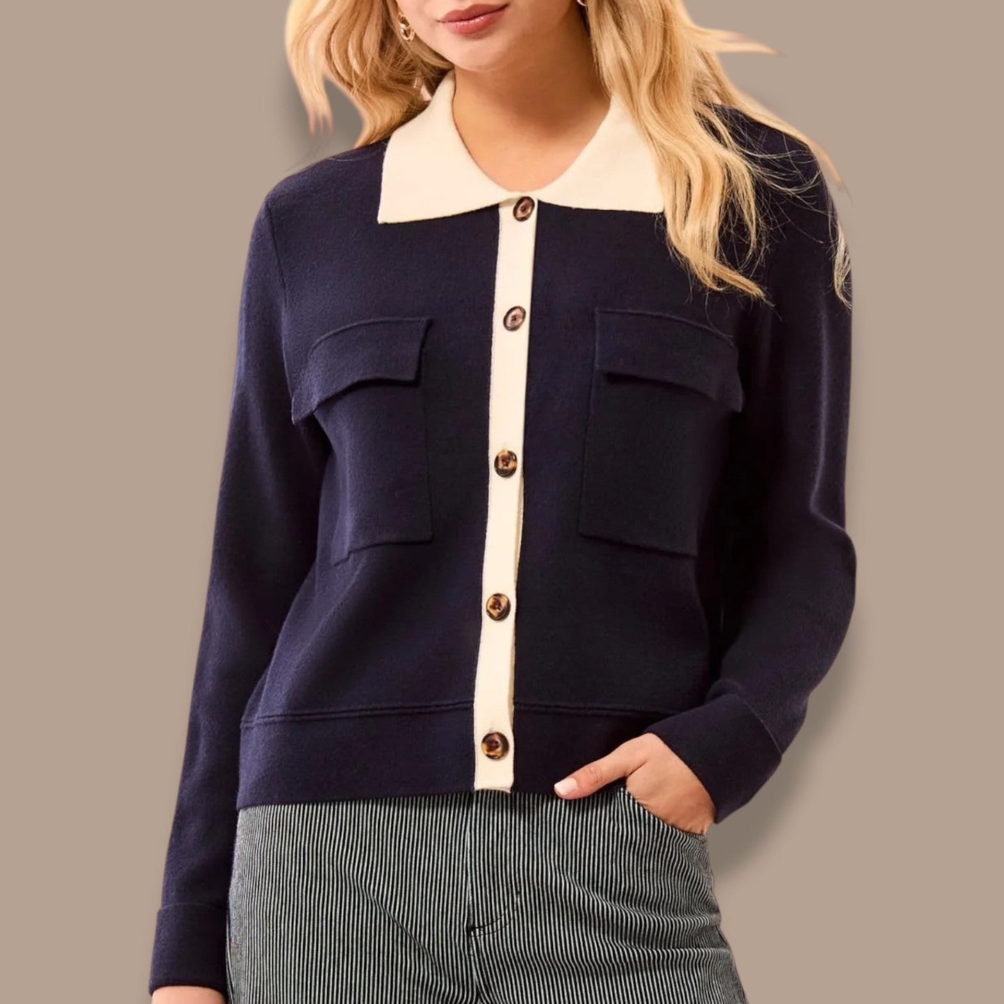 Tribal - Contrast Trim Collared Cardigan