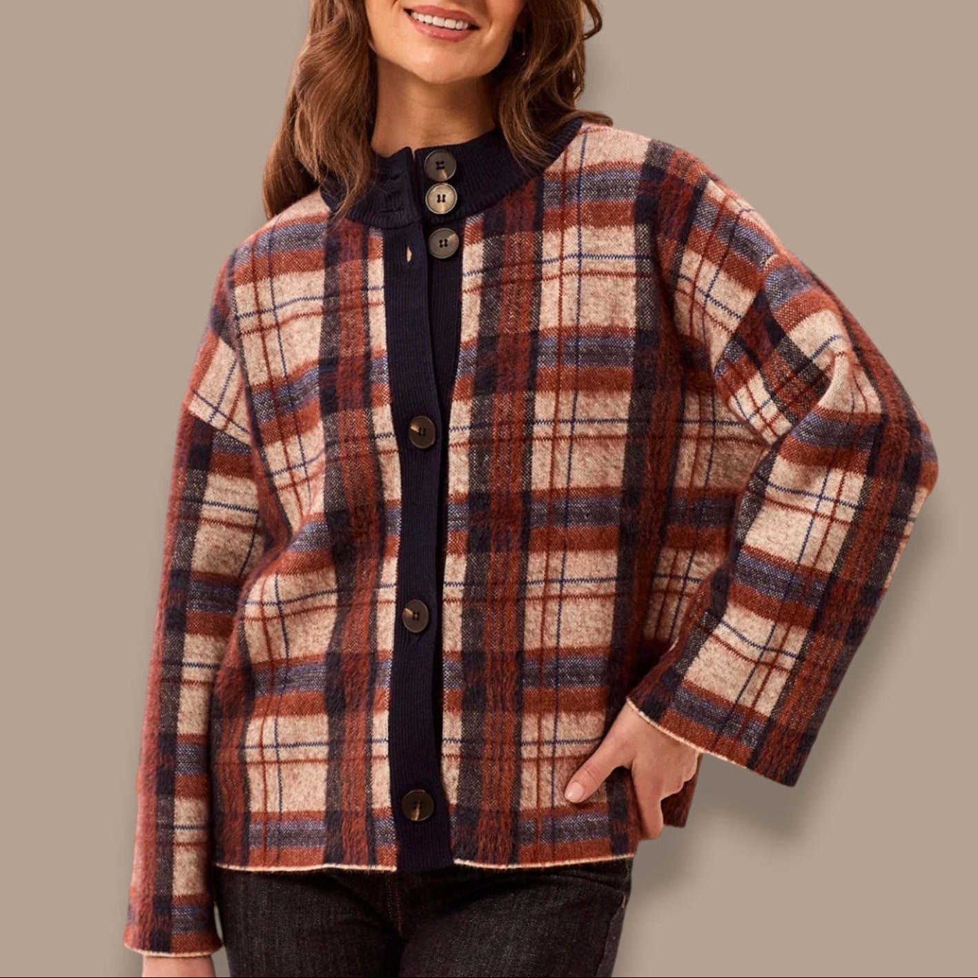 Tribal - Eyelash Knit Plaid Button-Front Cardigan