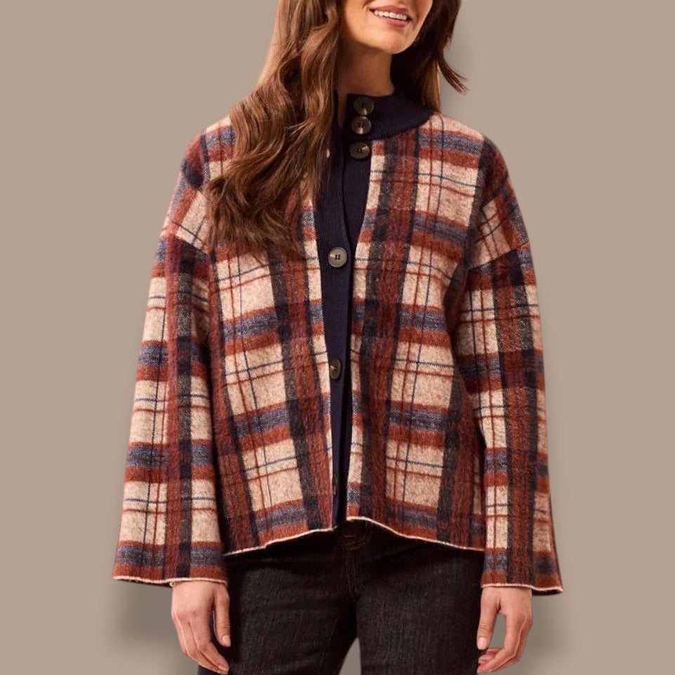 Tribal - Eyelash Knit Plaid Button-Front Cardigan