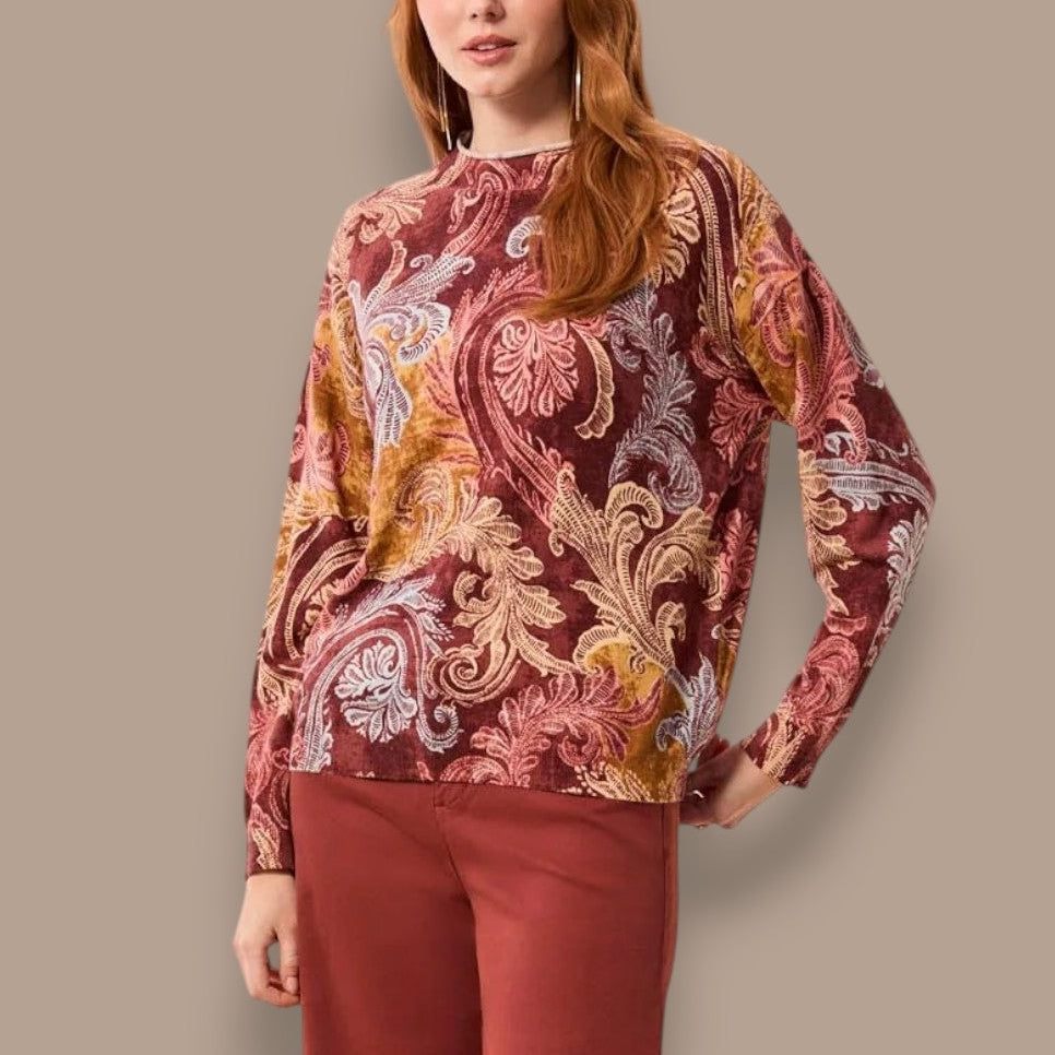 Tribal - Lightweight Printed Long-Sleeve Funnel Neck Sweater