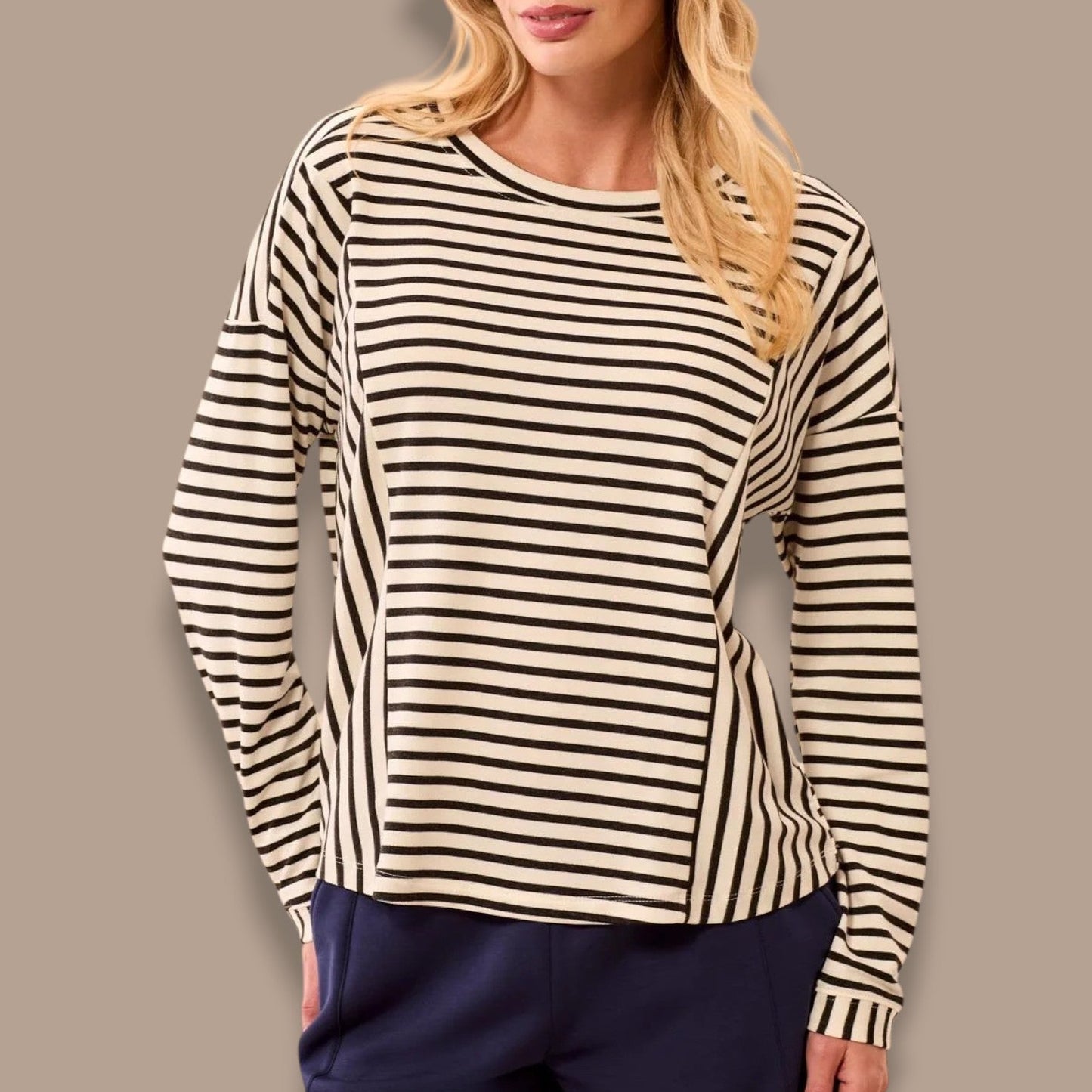 Tribal - Striped Crewneck Long Sleeve Knit Top