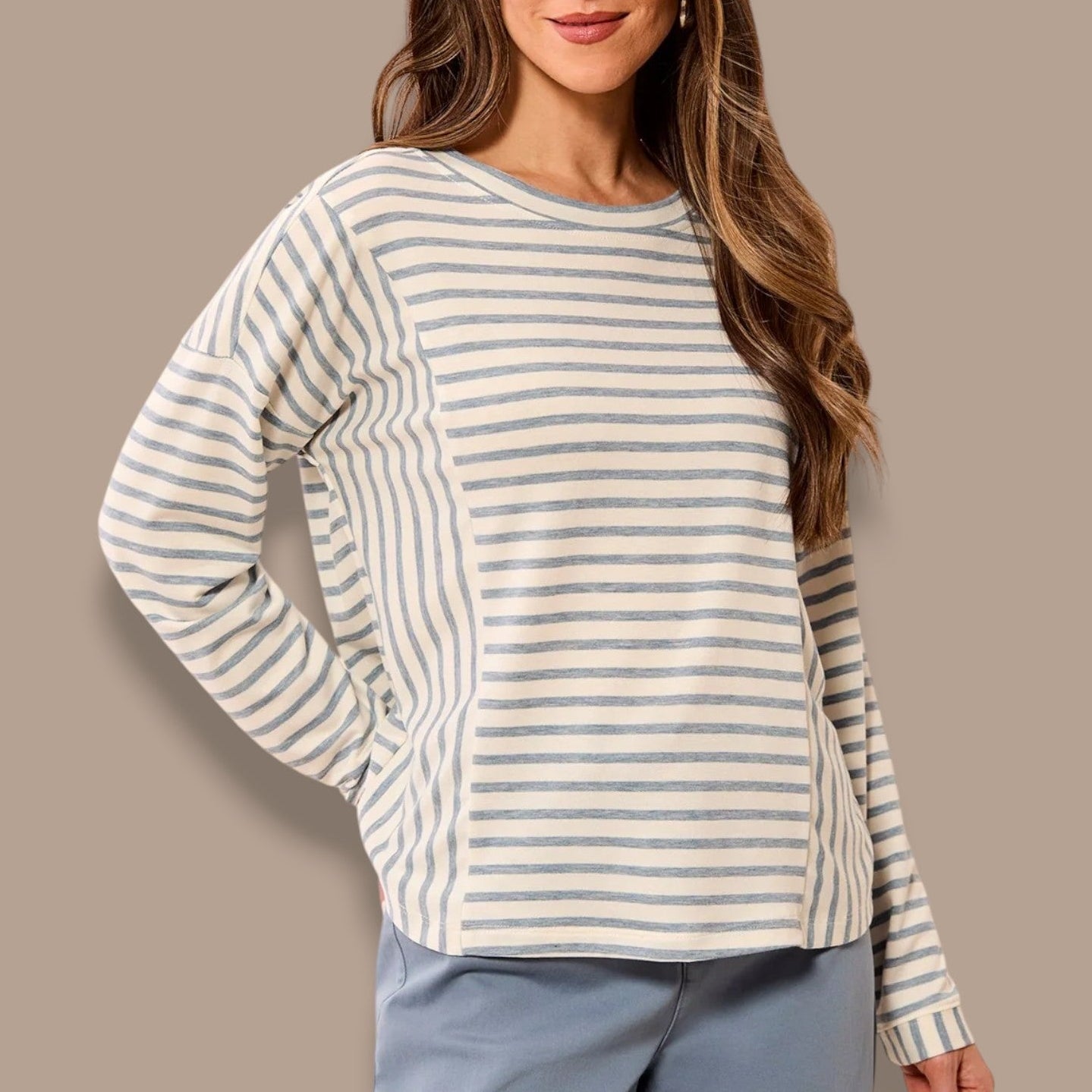 Tribal - Striped Crewneck Long Sleeve Knit Top