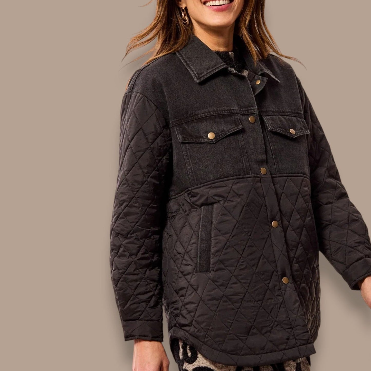 Tribal - Mixed Media Denim And Quilted Jacket With Snap Front