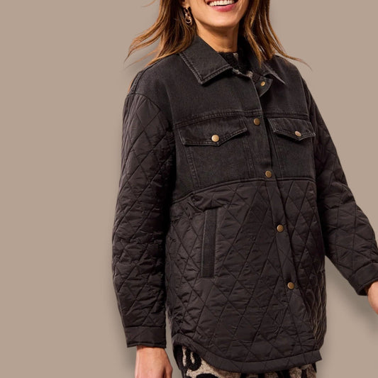 Tribal - Mixed Media Denim And Quilted Jacket With Snap Front