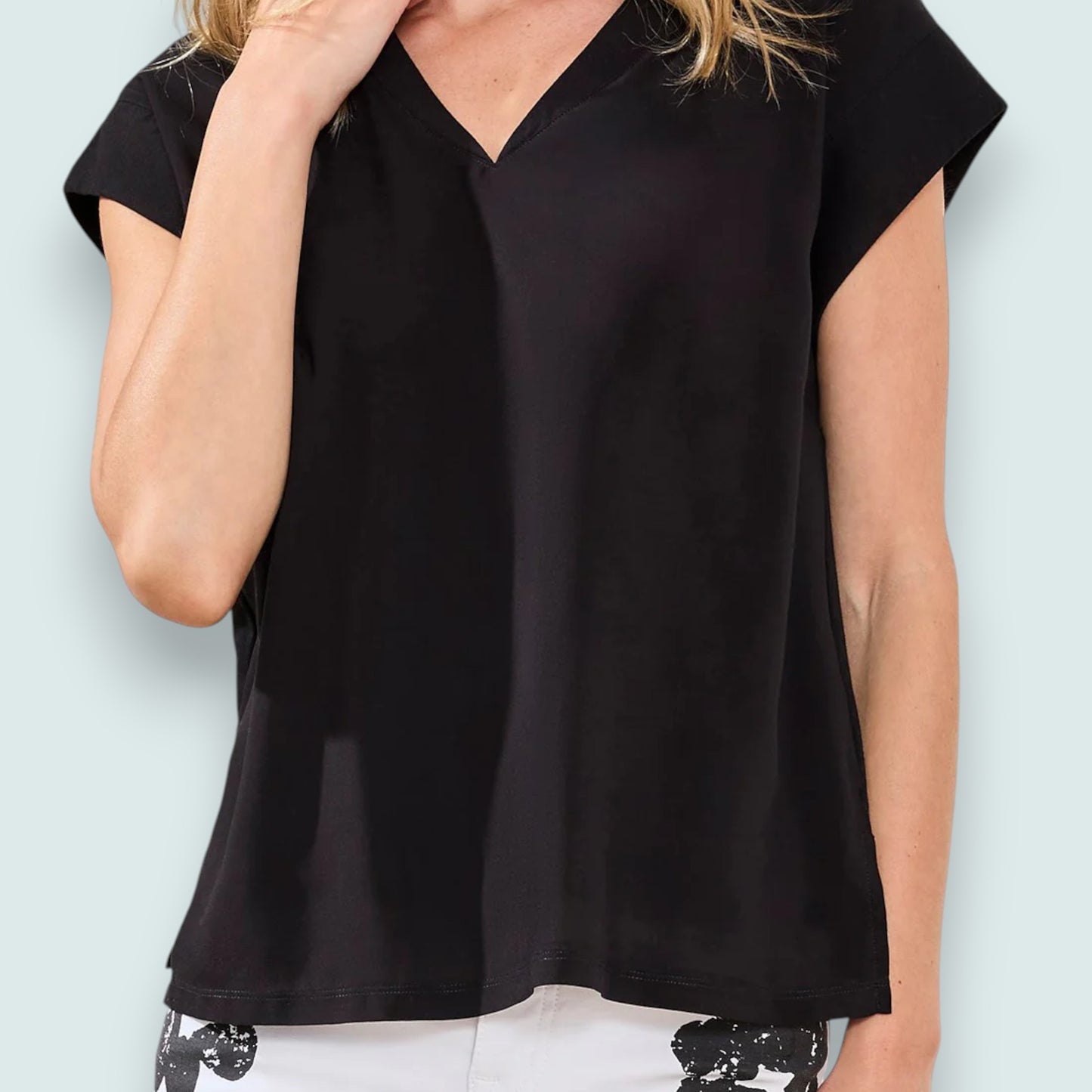 Tribal - Mixed Media Soft Drape Cap Sleeve V-Neck Top