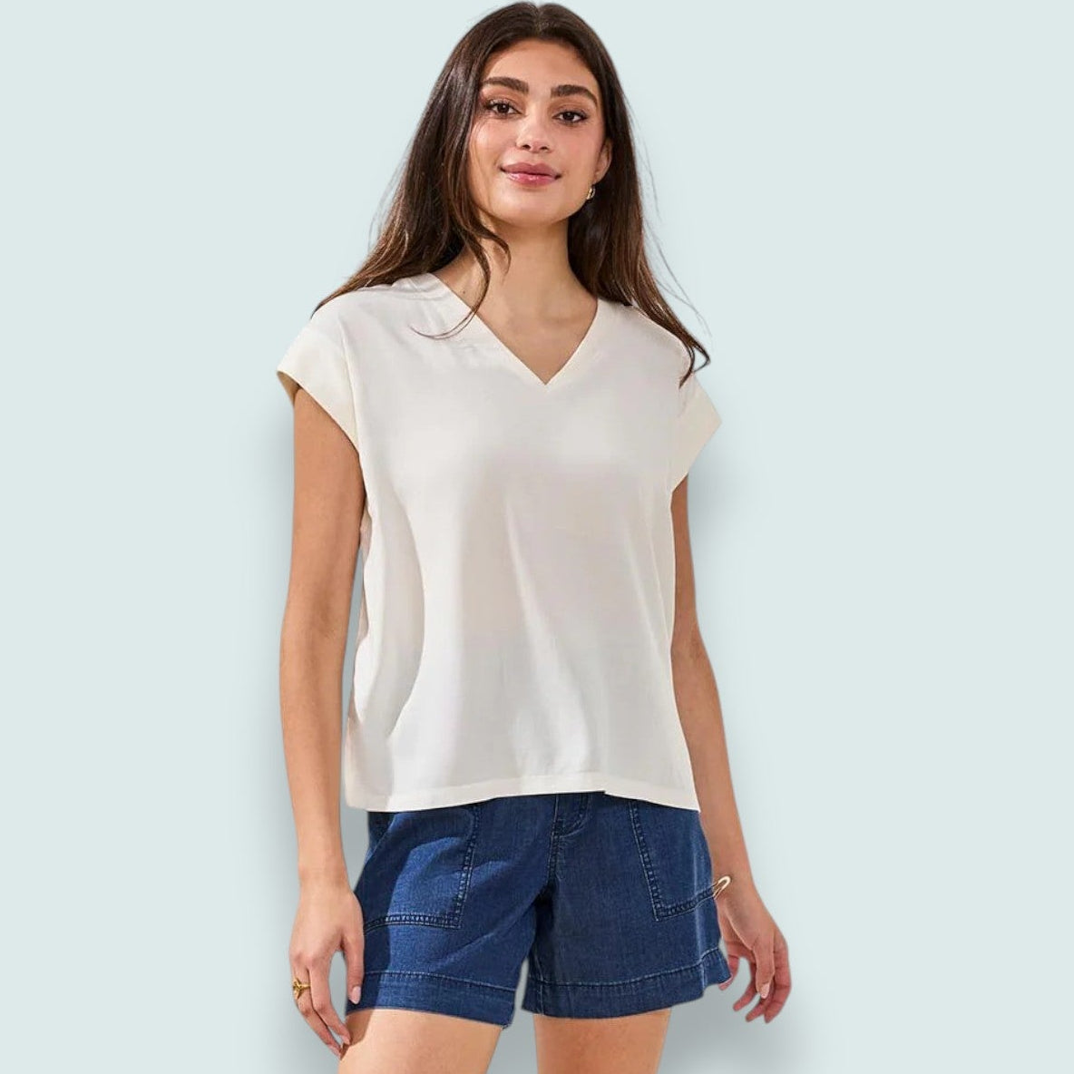 Tribal - Mixed Media Soft Drape Cap Sleeve V-Neck Top