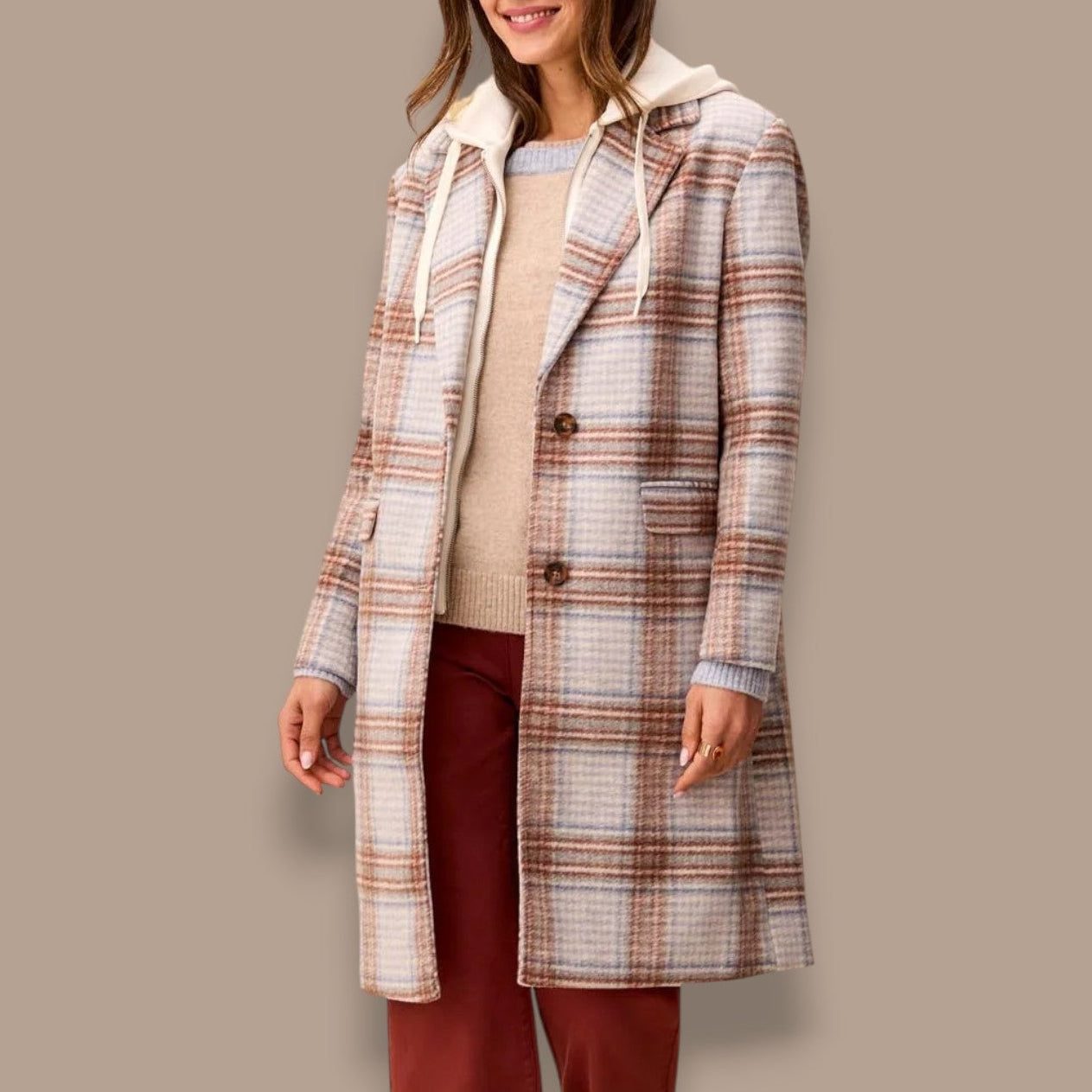 Tribal - Plaid Car Coat With Removable Fooler Hoodie