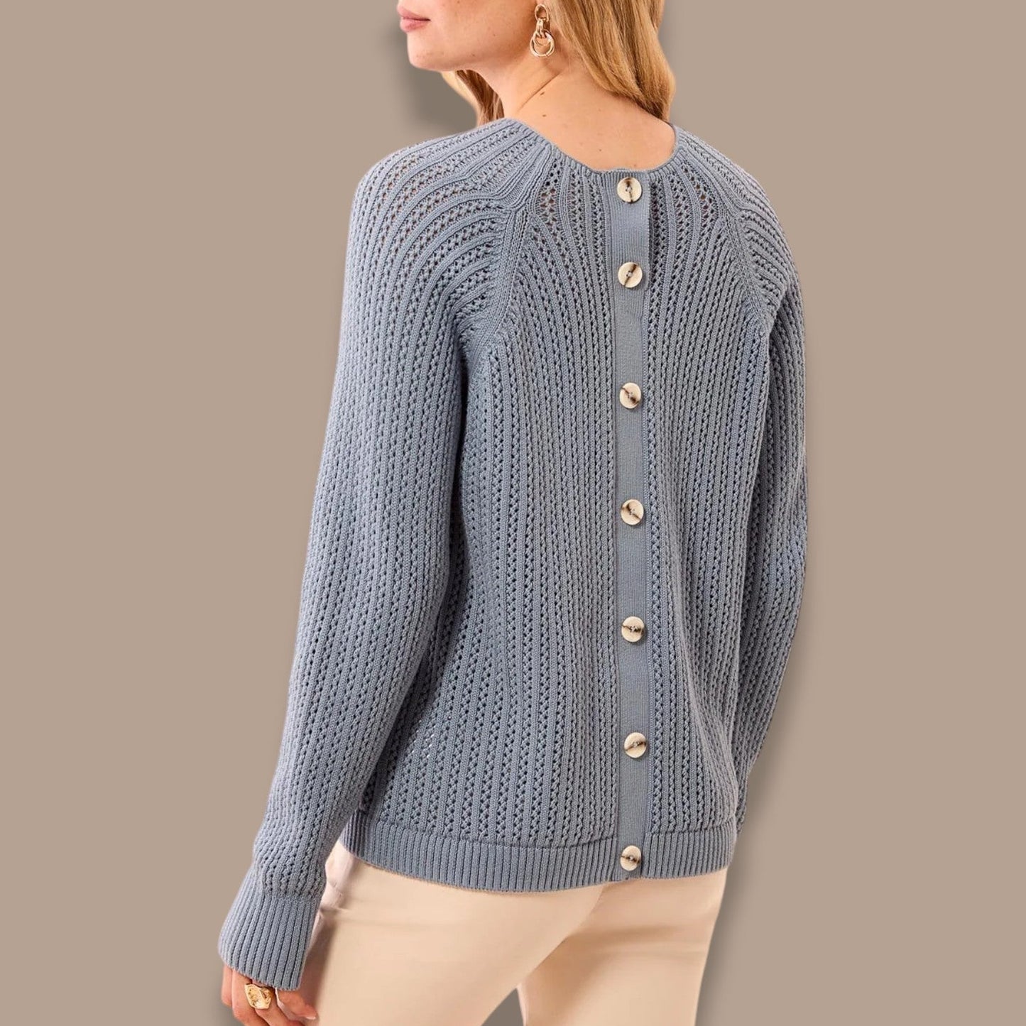 Tribal - Pointelle Button-Back Long Sleeve Sweater