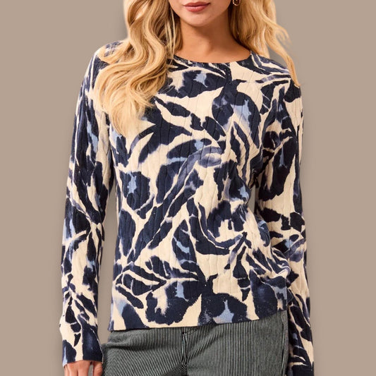 Tribal  - Printed Cable Cotton Crew Neck Sweater