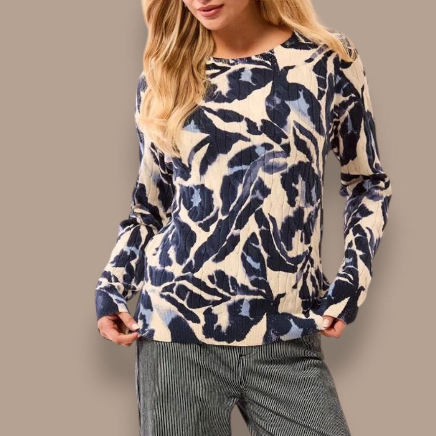 Tribal  - Printed Cable Cotton Crew Neck Sweater