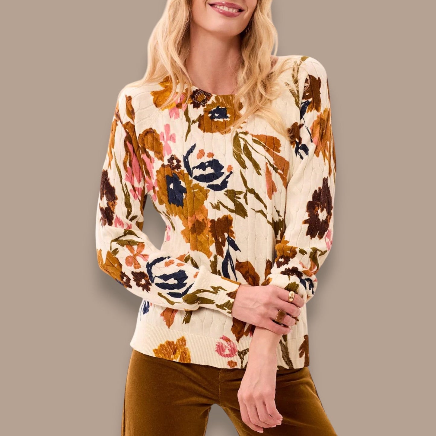 Tribal  - Printed Cable Cotton Crew Neck Sweater