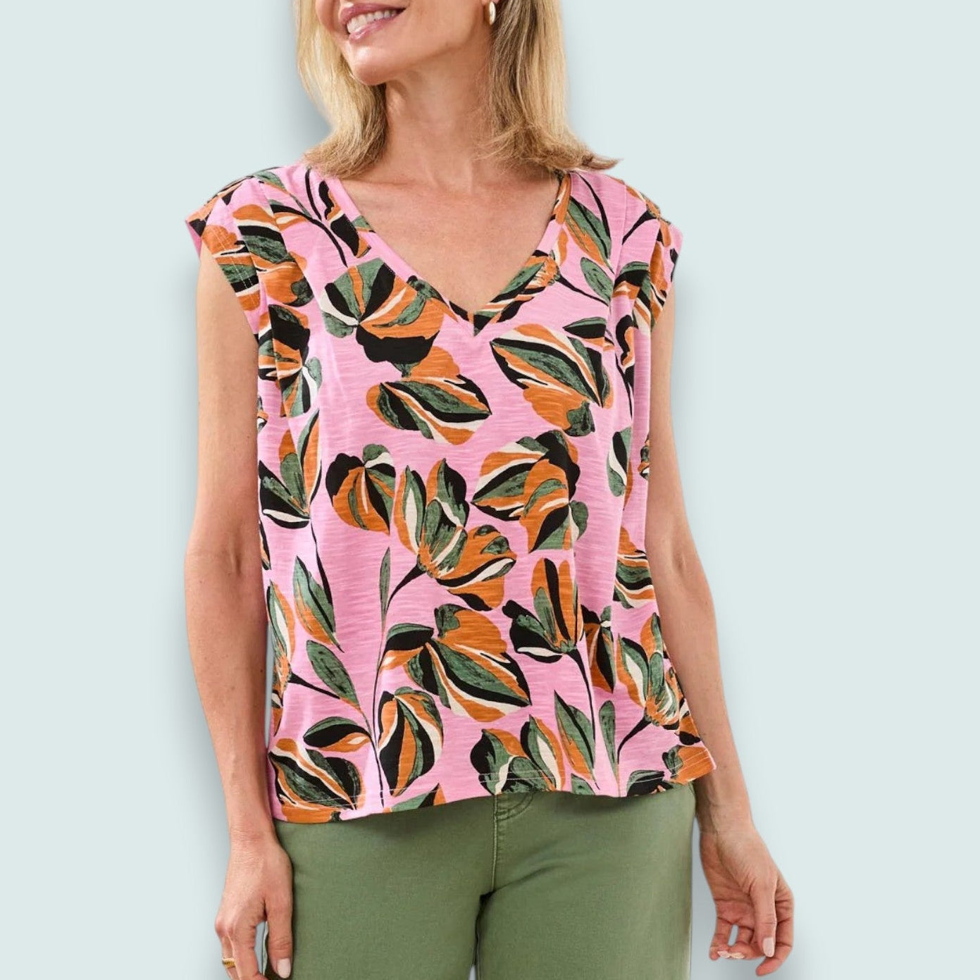 Tribal - Printed V-Neck Cap Sleeve Top