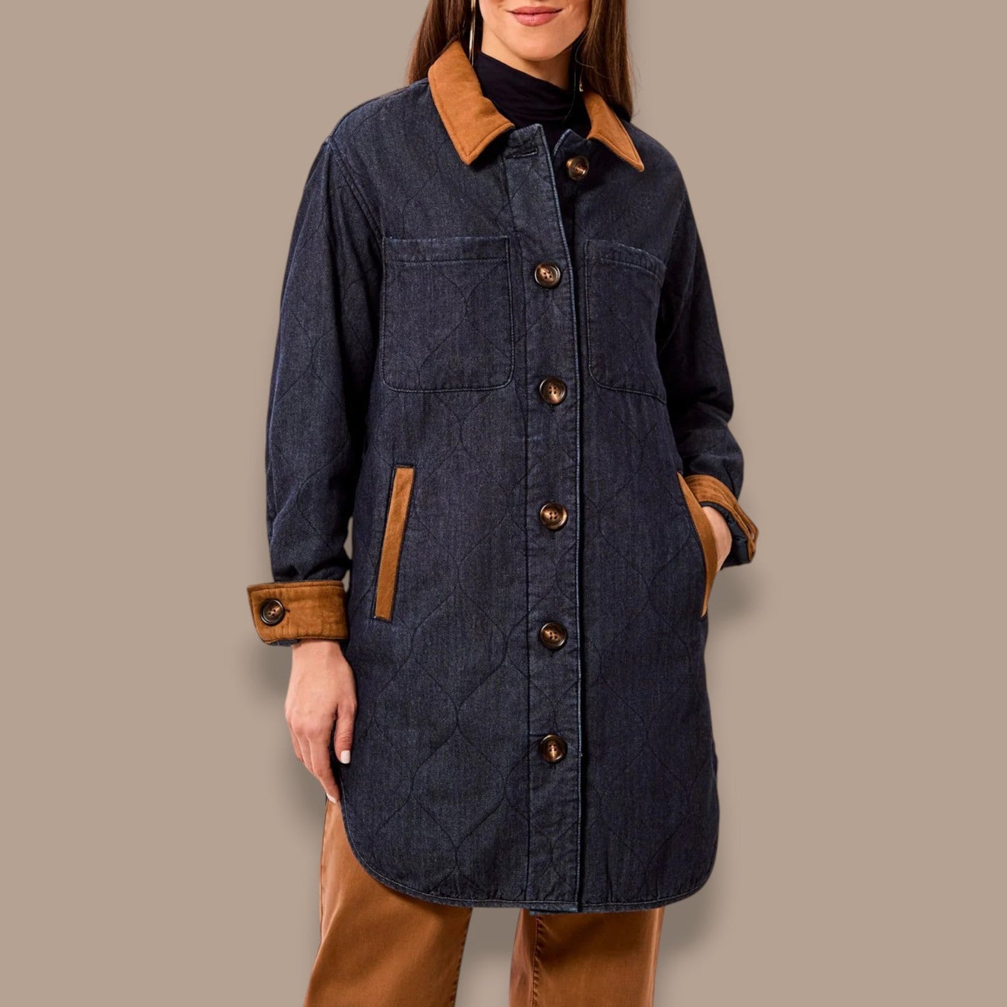 Tribal - Quilted Denim Suede Trim Button-Front Jacket