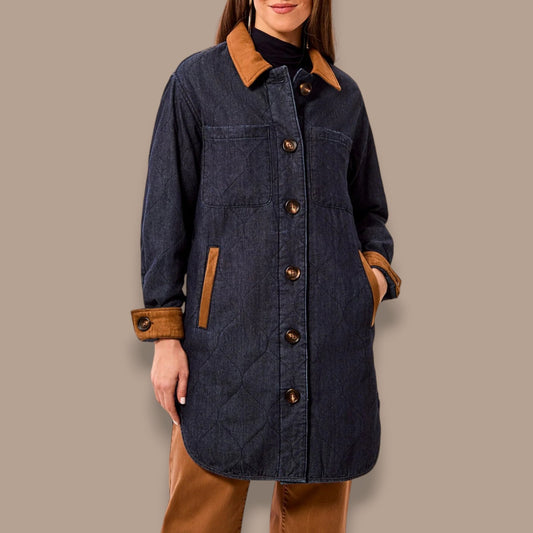 Tribal - Quilted Denim Suede Trim Button-Front Jacket