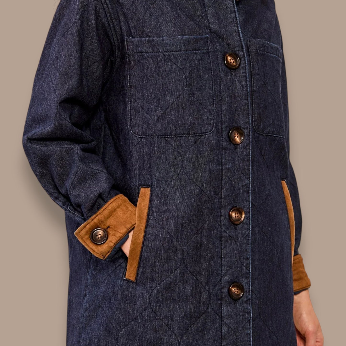 Tribal - Quilted Denim Suede Trim Button-Front Jacket