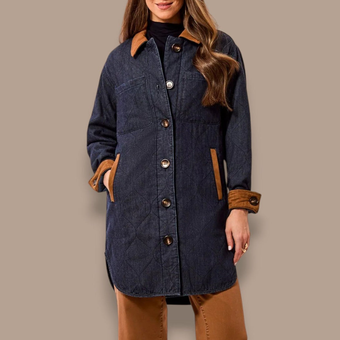 Tribal - Quilted Denim Suede Trim Button-Front Jacket