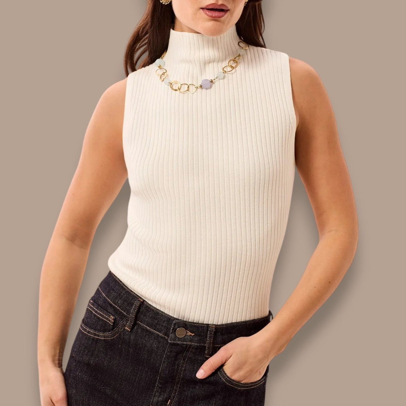 Tribal - Ribbed Funnel Neck Sleeveless Knit Tank
