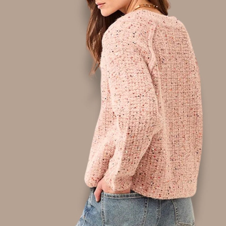 Tribal - Sequined Button Front Notch Neck Cardigan