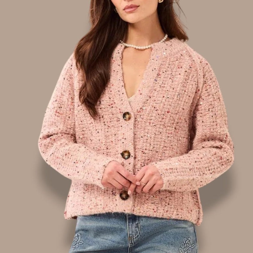 Tribal - Sequined Button Front Notch Neck Cardigan