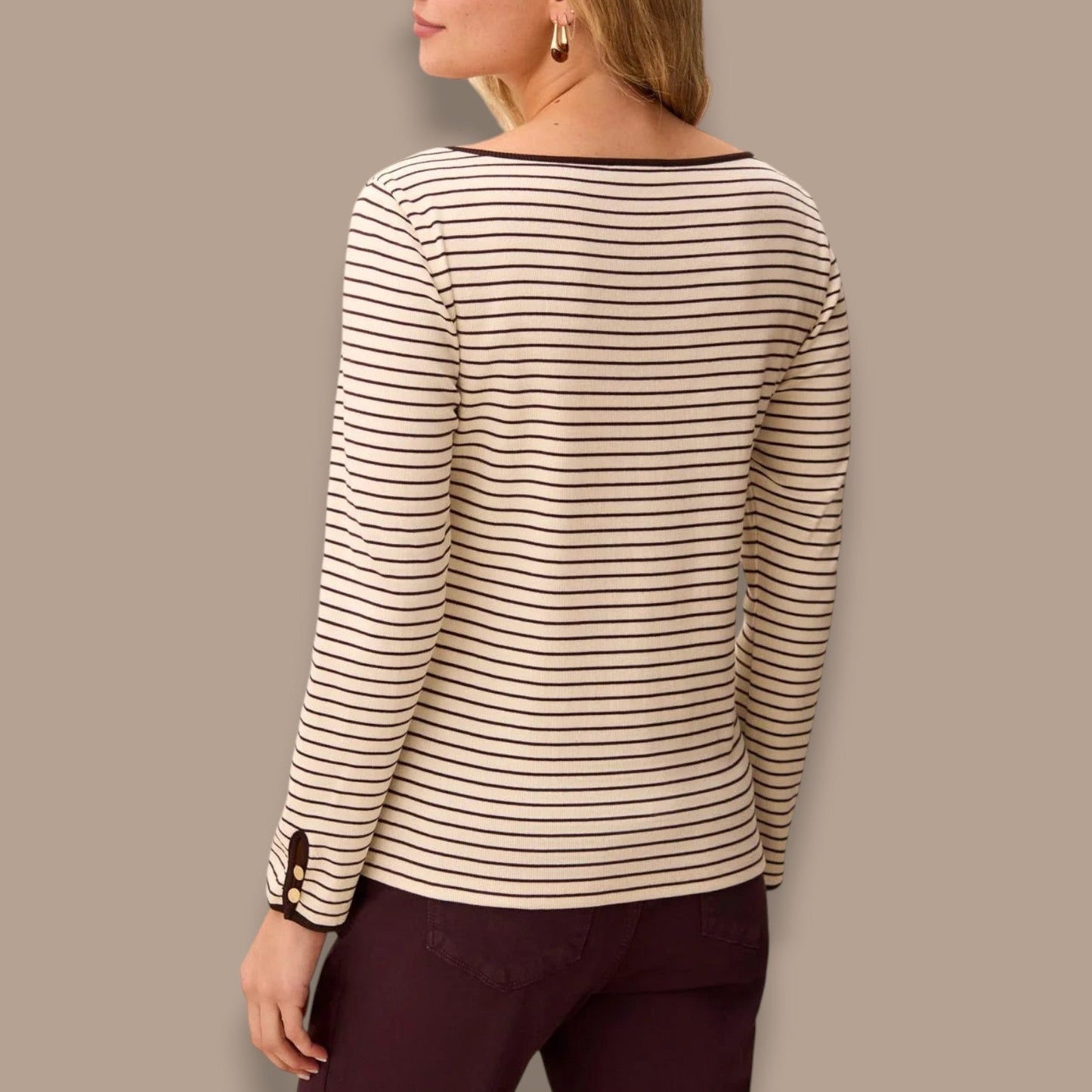 Tribal - Striped Boat Neck Top With Button Cuffs