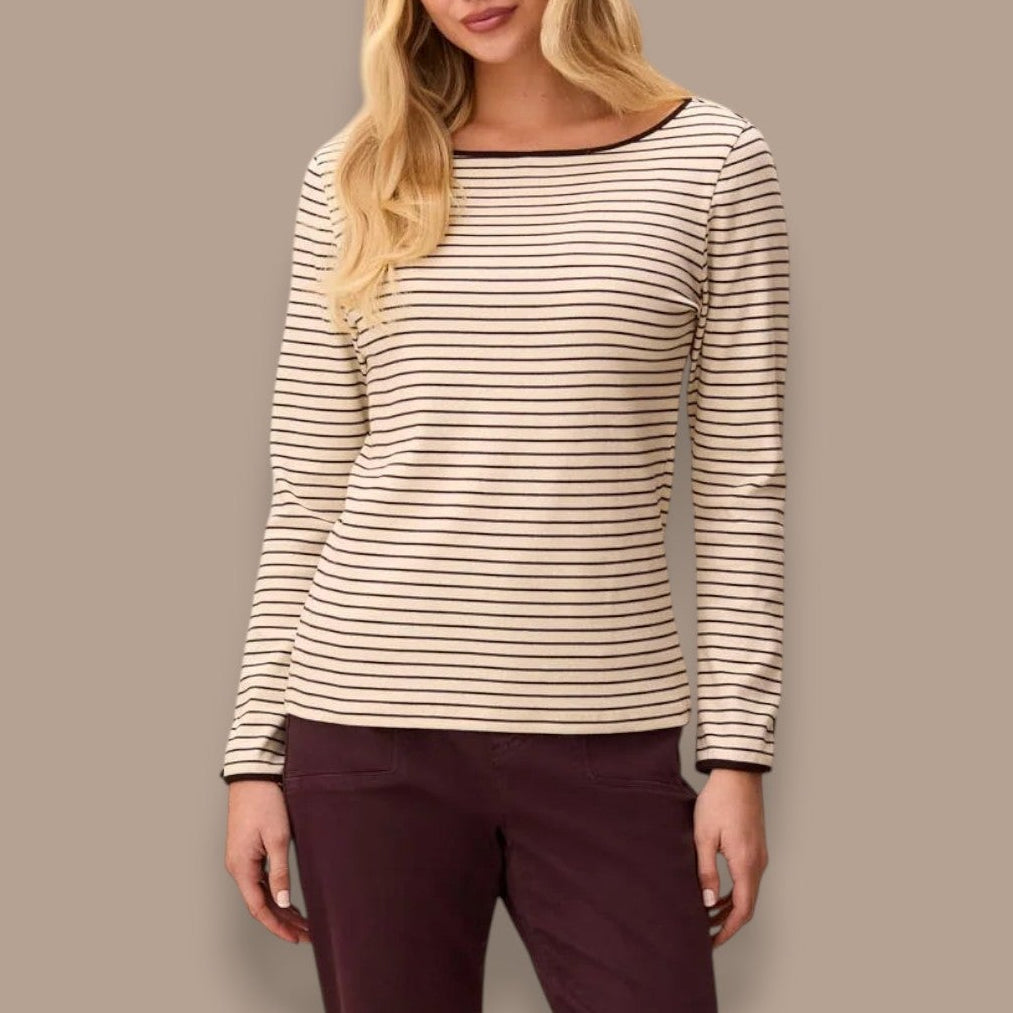Tribal - Striped Boat Neck Top With Button Cuffs