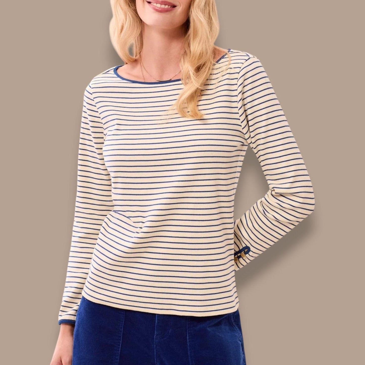 Tribal - Striped Boat Neck Top With Button Cuffs