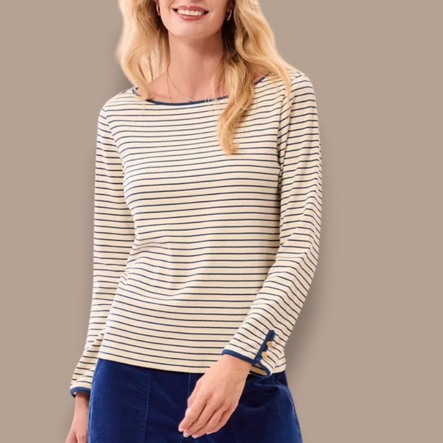 Tribal - Striped Boat Neck Top With Button Cuffs