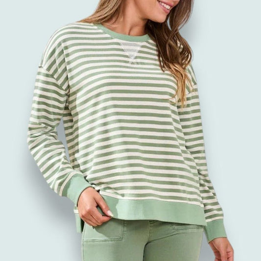 Tribal - Striped French Terry Crew Neck Top With Combo Trim