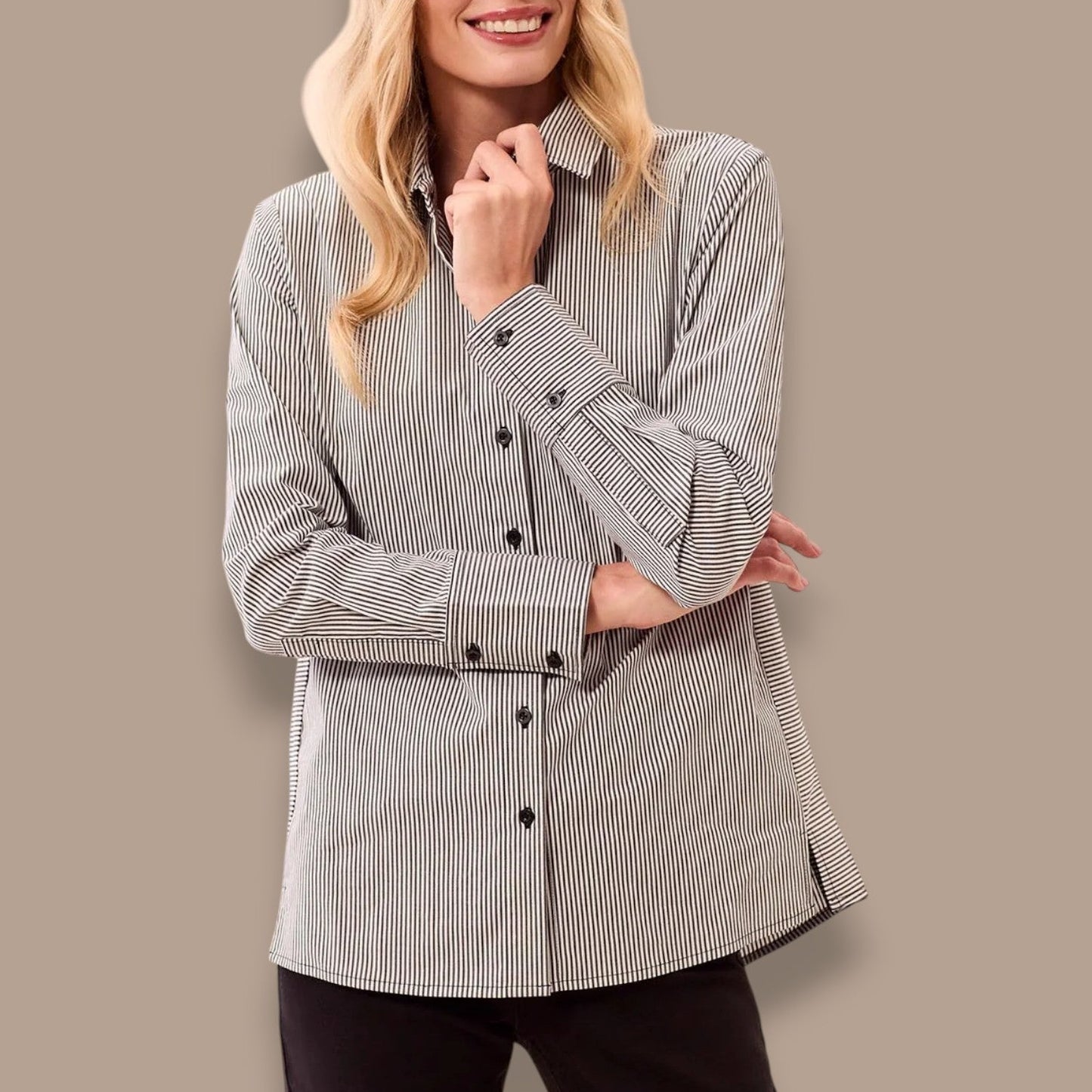 Tribal - Striped Stretch Poplin Long Sleeve Button Front Blouse