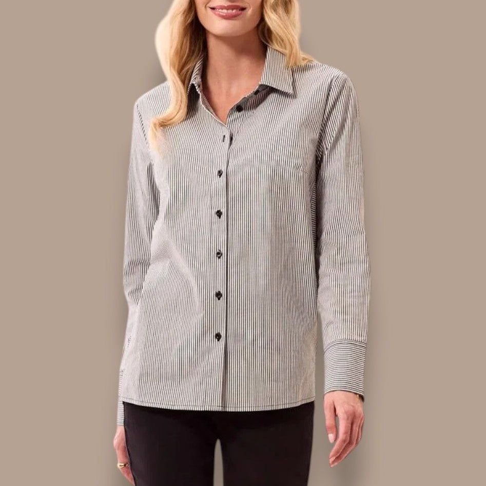 Tribal - Striped Stretch Poplin Long Sleeve Button Front Blouse