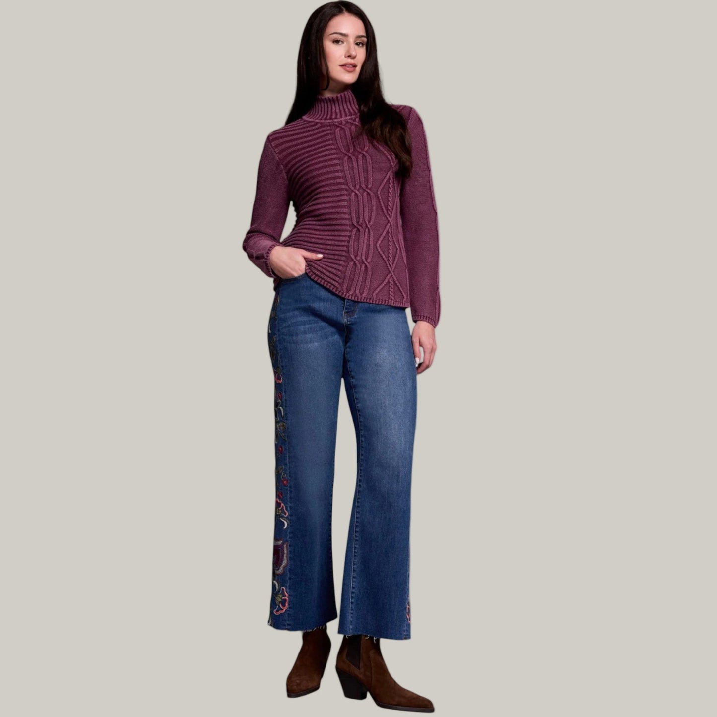 Tribal - Vintage Washed Cable Knit Mock Neck Sweater