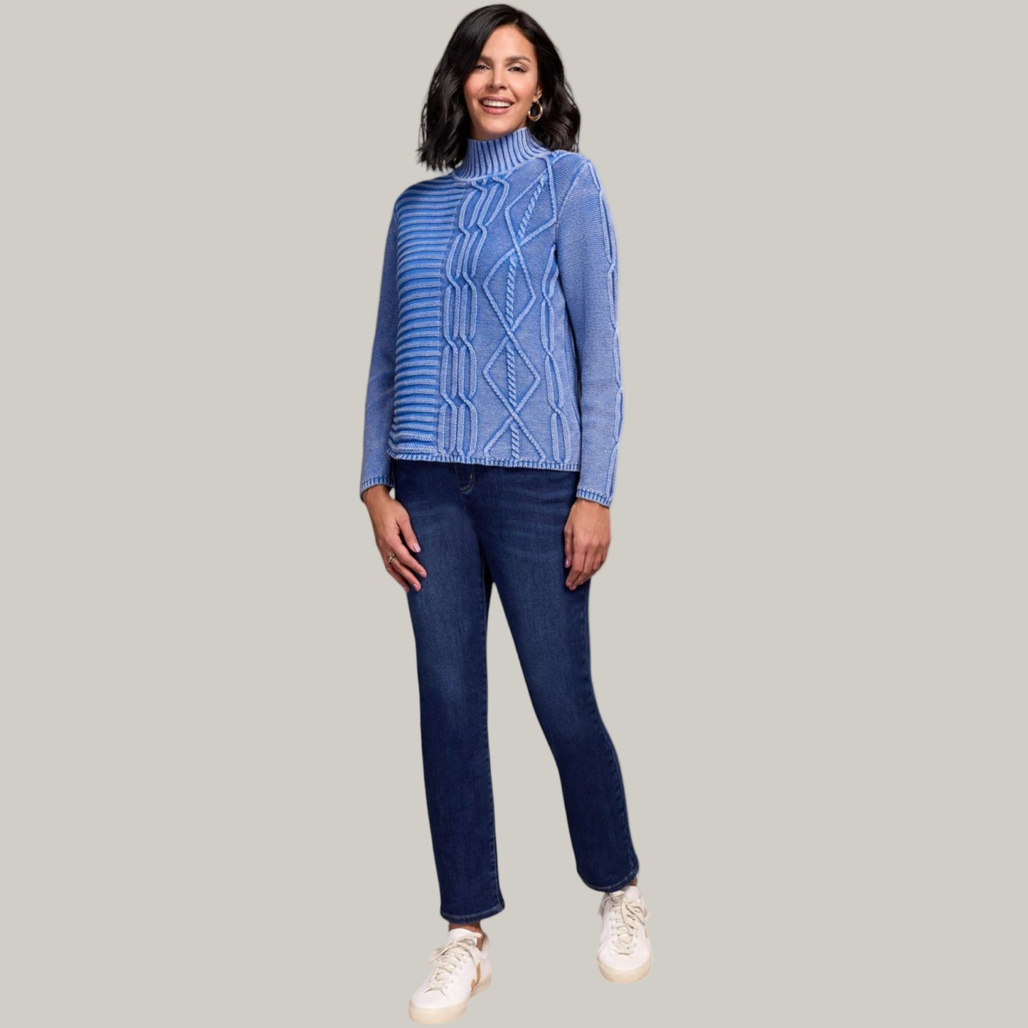 Tribal - Vintage Washed Cable Knit Mock Neck Sweater