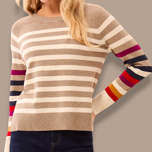Tribal - Striped Knit Sweater With Multi-Colour Sleeve Detail