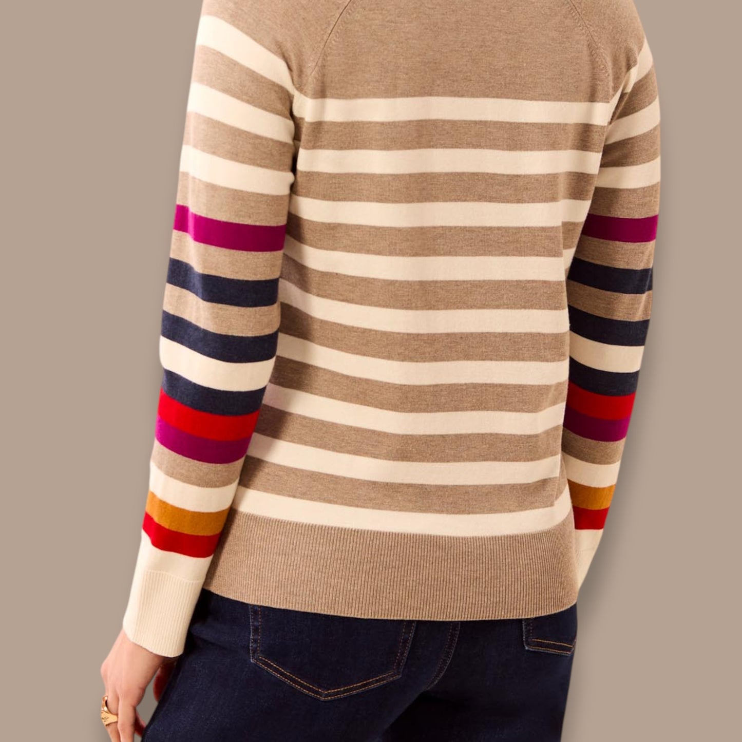 Tribal - Striped Knit Sweater With Multi-Colour Sleeve Detail