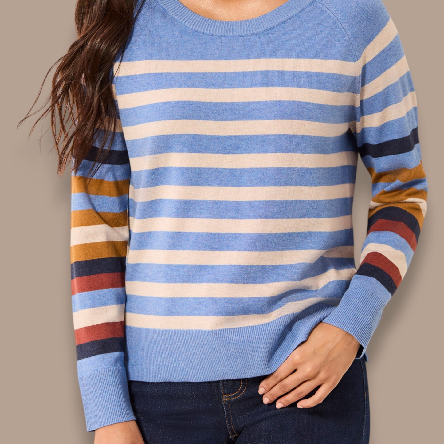 Tribal - Striped Knit Sweater With Multi-Colour Sleeve Detail