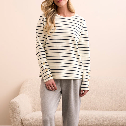 Tribal - Stripe Scuba Knit Button-Sleeve Crew Neck Top