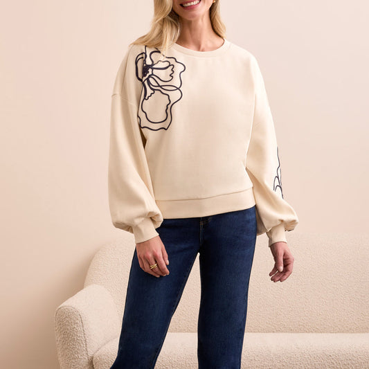 Tribal - French Terry Embroidered Drop Shoulder Crew Neck Top