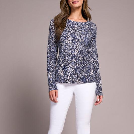 Tribal - Printed Cable Cotton Crew Neck Sweater